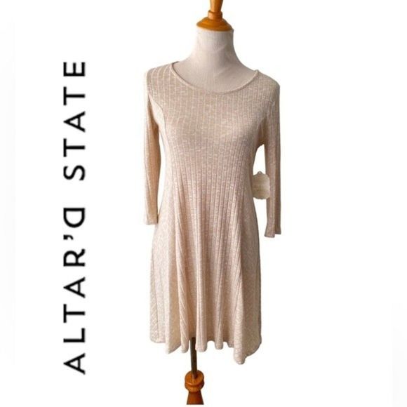 Altar'd State Dresses & Skirts - Altar'd State NWT ribbed knit dress stretch A-line heather tan women’s size S